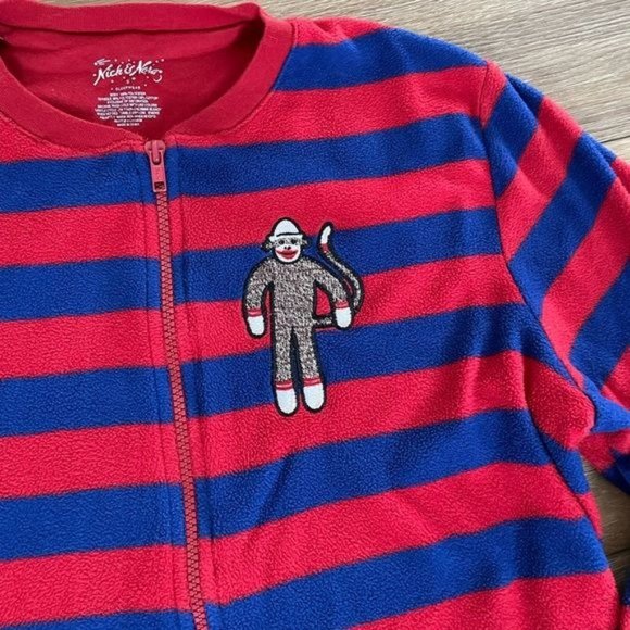 Nick & Nora Sock Monkey Red & Blue Striped Onesie Pajamas, Sz Small - Picture 7 of 14